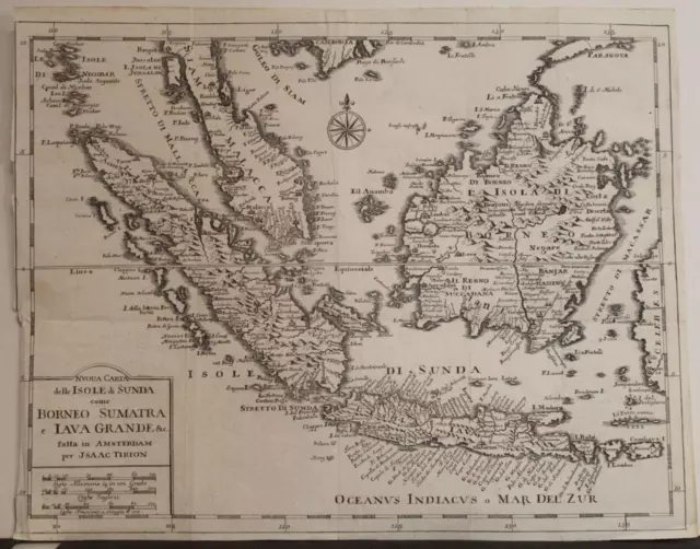 Singapore Indonesia Malaysian Peninsula 1736 Tirion Antique Copper Engraved Map