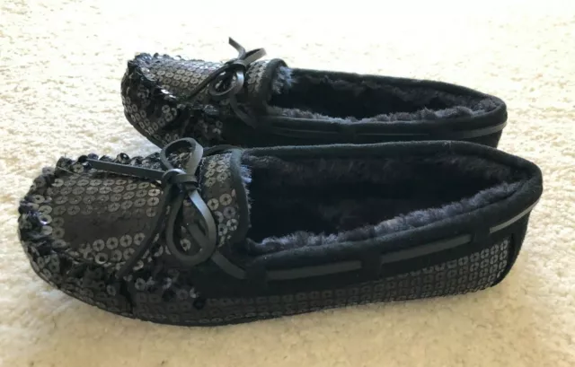 ARIZONA Melissa Women Jr. Moccasin Flats Shoes, Sequin & Bow Emb, BK Size 5 $30