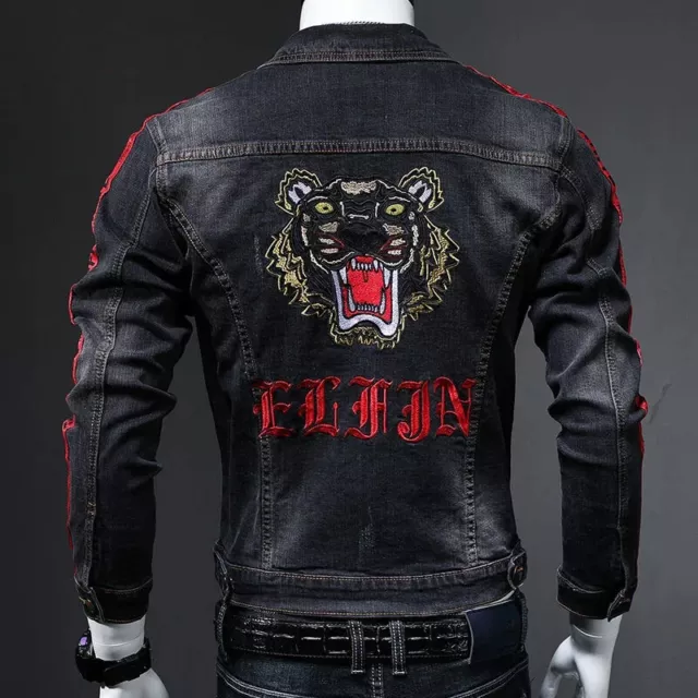 New Denim Luxury Fashion Tiger Eagle Embroidery Button Up Men Black Jacket