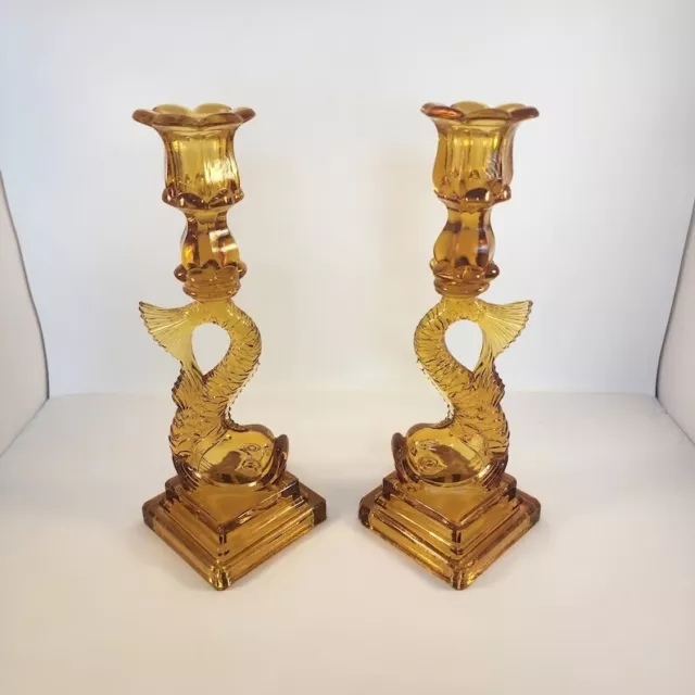 Imperial Amber Koi Dolphin Candlestick Holders Set of Two READ