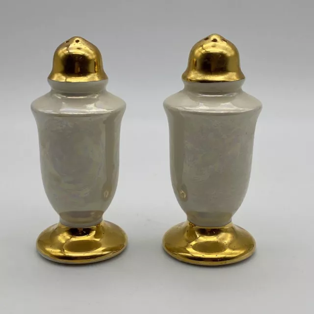 Vintage Salt And Pepper Shakers Pearlescent Lusterware Pearl China 22K Gold Leaf