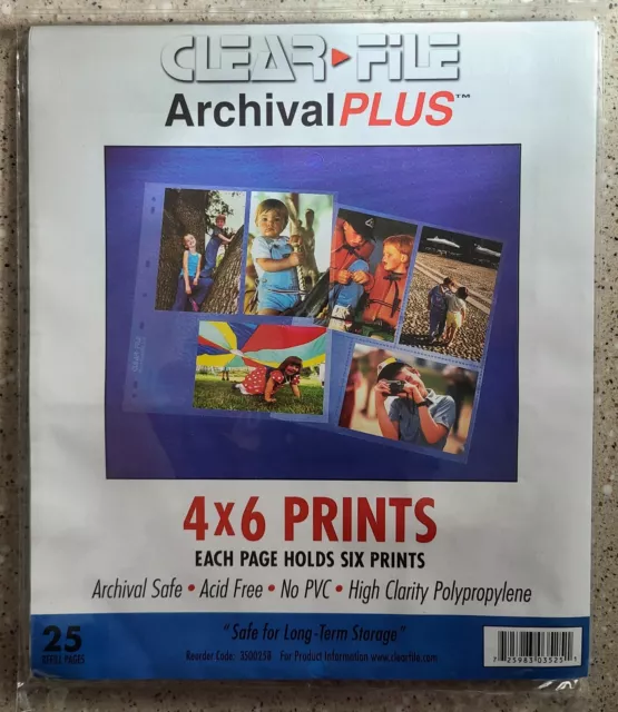 Clear File Archival PLUS 4x6 Print Pages; 25 Pages, Each holds 6; Bulk Savings