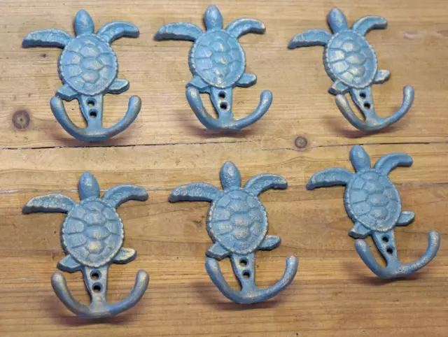 6 Cast Iron SEA TURTLE Towel Hanger Coat Hat Hooks Key Rack Hook Ocean Bathroom