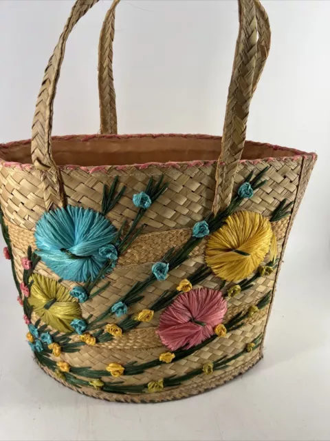 Vintage Straw Wicker Raffia Tote Bag Purse Boho Woven Embroidered Floral