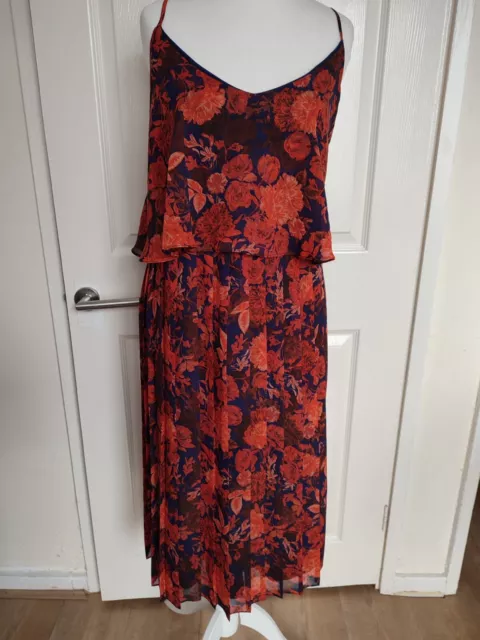 🎀Asos Midi Blue/Red Floral Dress Size 14 Chiffon/Lining Pleated Sleeveles Flare