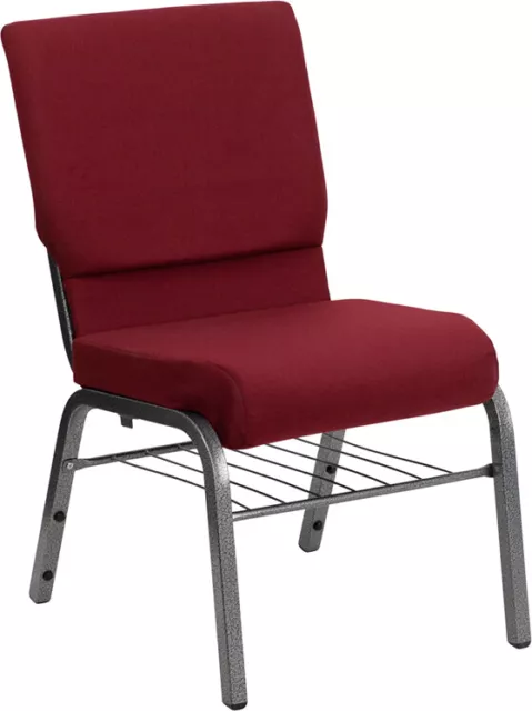 10 PACK 18.5'' Wide Burgundy Fabric Church Chair w/Book Rack & Silver Vein Frame