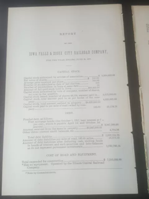 1878 Iowa train document IOWA FALLS & SIOUX CITY RAILROAD Illinois Central