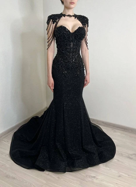 BLACK GOTHIC SPARKLY Mermaid Wedding Dresses With Train Lace Beading Bridal  Gown $189.99 - PicClick