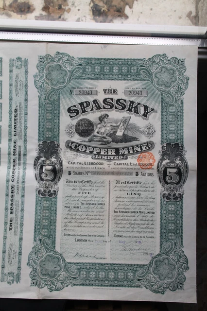 Titre au porteur Action d'une livre Sterling SPASSKY COPPER MINE limited  1913