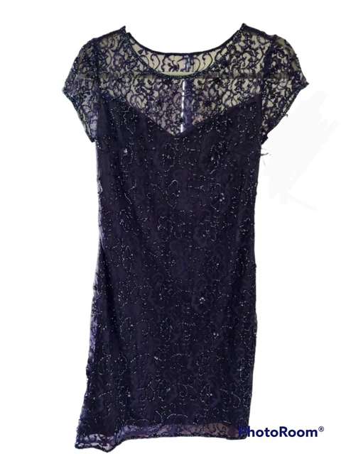 Pisarro Nights Beaded Sequin Cocktail Dress Evening Gown SZ 4 Navy  *tiny flaw