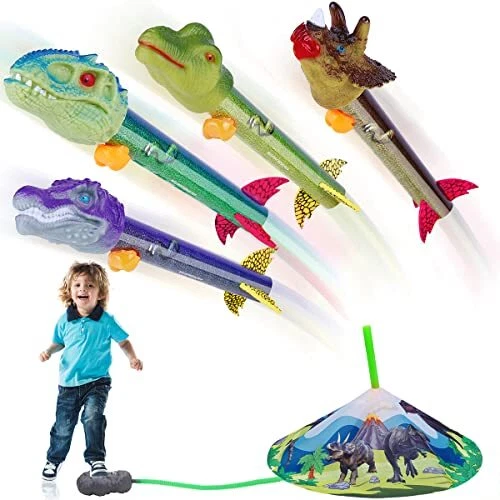 Dinosaur Rocket Launcher for Kids - Launch Up to 100 Ft 4 Dinosaur Rockets Ou...