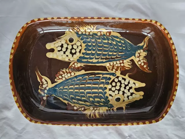 Funky Jean Hampton slipware studio pottery fish design dish, mid century modern