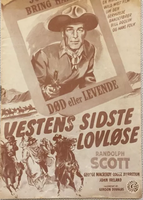 The Doolins Of Oklahoma Randolph Scott George M Vtg 1949 Danish Movie Program