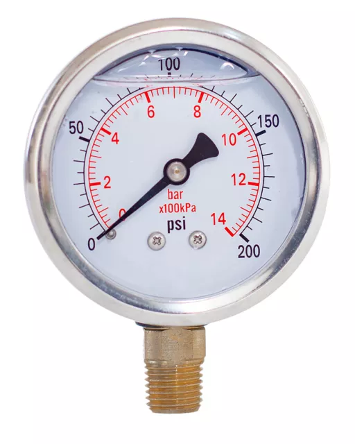 Pressure Gauge,Glycerin Filled,2-1/2" Dia,0-200 psi,1/4 NPT lower mount