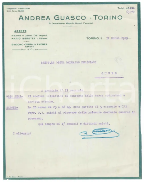 1929 TORINO Ditta Andrea GUASCO - Lettera su consegna olio e casse di sapone