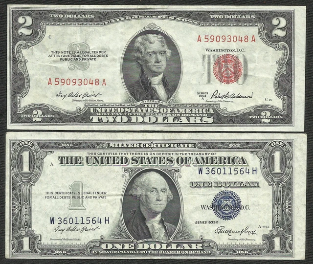 1953A $2 RED! 1935E $1 *SILVER* 2 Notes! (~VF~) Old US Paper Money Currency!
