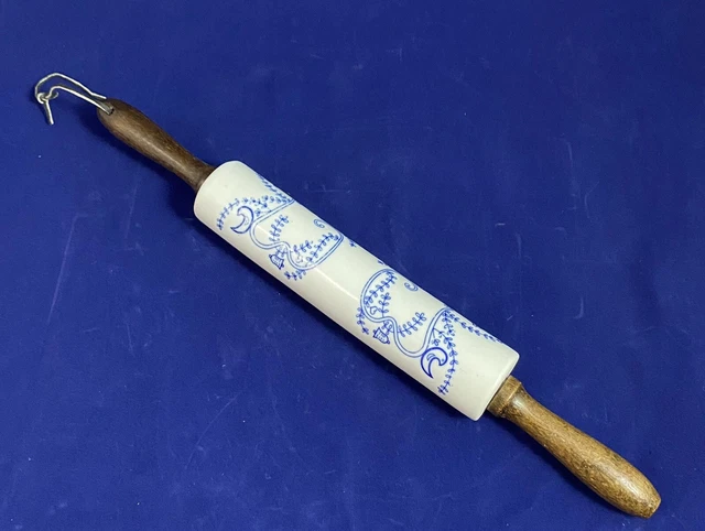 Vintage Dutch Delft Blue & White Ceramic Rolling Pin Birds/Berries/Bells/Hearts