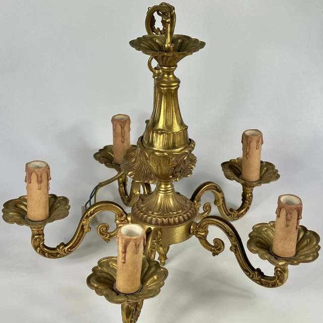 Vintage Italian Ornate Baroque Small 5 Arm Bronze Ceiling Light Chandelier