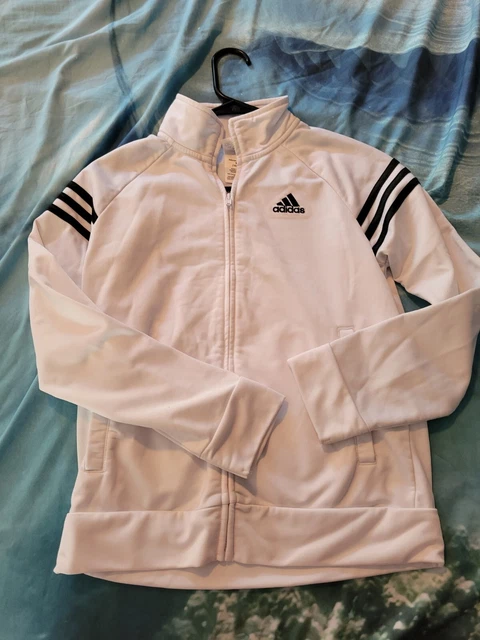 Adidas White Running/Track Zip Up Jacket Black Stripe Youth Sz Med 10-12 Unisex