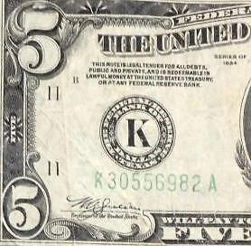 1934 $5 Green Federal "BIG K" "Dallas" FINE X6982 Old US Paper Money Currency!