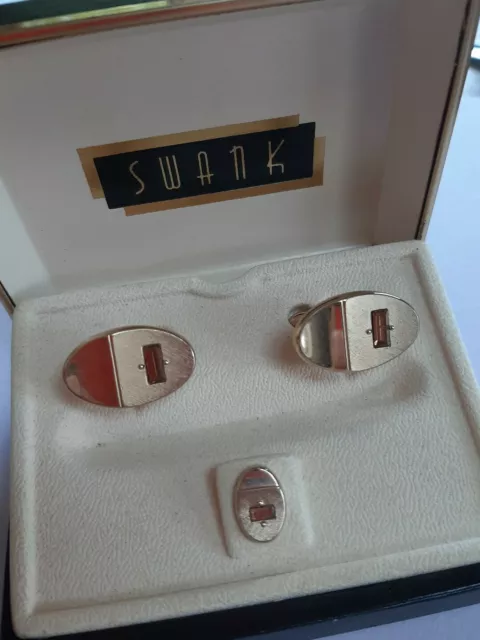 Gold Tone Faceted Diamond Cut Amber Glass Stone Mesh Wrap Cufflinks Tie Tack SET