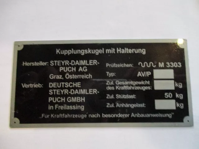 Typenschild  Steyer Puch Haflinger AHK Schild Pinzgauer s89 Anhängekupplung