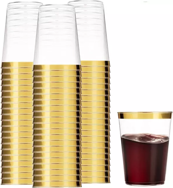 Disposable Plastic Clear Cups With Gold Rim 12 Oz Wedding Wine Party 100 Ct