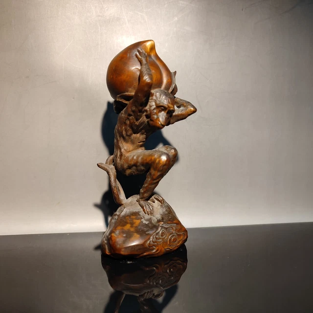 Chinese Boxwood Carving Monkey Peach Wooden Statue Vintage Folk Art Room Decor