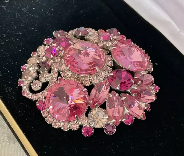 Large Mid Century Pink Rivoli/Navette/Rhinestone Brooch Signed WEISS c1950s