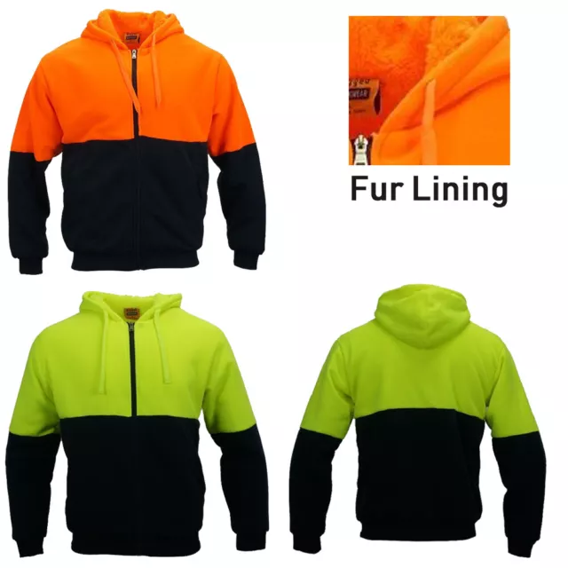 Hi-Vis Safety Warm Zip Fleece Hoodie Jacket With Fur Work Wear For Construction