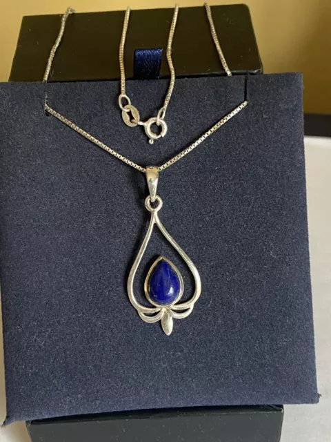 Vintage Sterling Silver Art Nouveau Style Lapis Lazuli Pendant Necklace 18 Inch