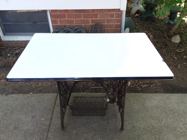 Vintage PORCELAIN ENAMEL ENAMELWARE TABLE CABINET TOP 40x25" WHITE/Black Antique