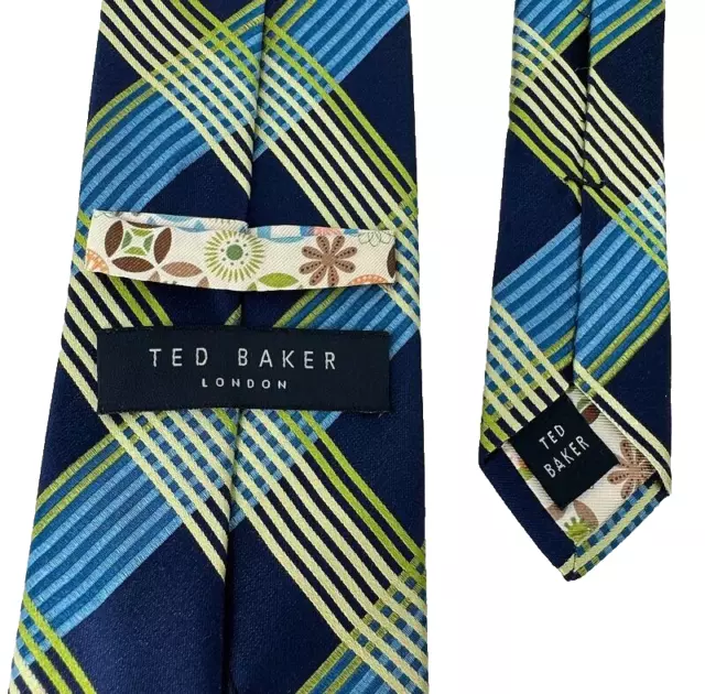 Ted Baker London Neck Tie Silk Hand Tailored Blue Green Plaid Mens 3