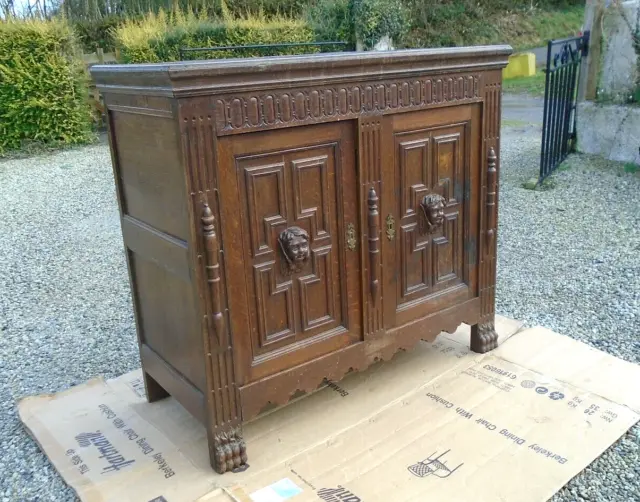 Antique Flemish 19th Century Carved Oak Cabinet Sideboard Buffet Unit Cupboard