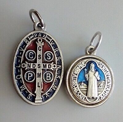Lote de medallas católicas esmalte rojo azul tono plata San Benito