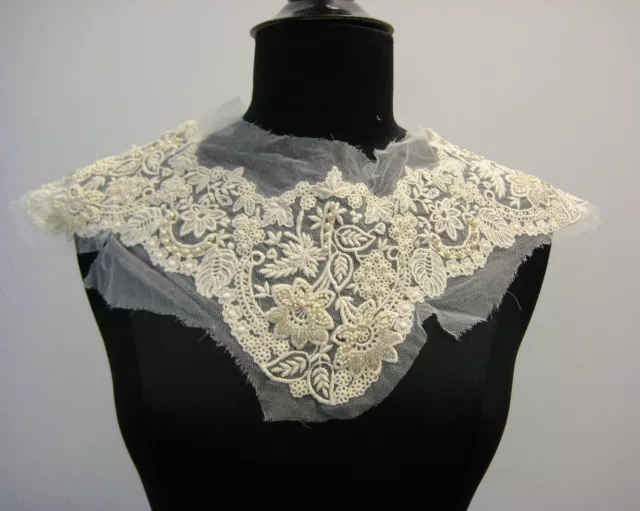 Beaded Embroidered Tulle Ecru Square Collar Yoke Vintage 1980'S Made In France