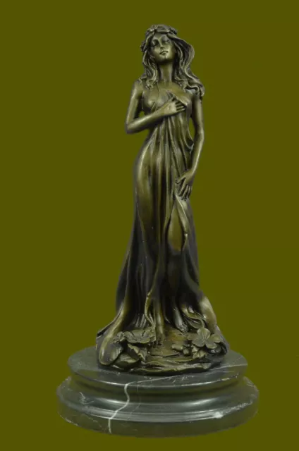 Bronze statue art nouveau deco girl, SIGNE Marble Base Sculpture Figurine Decor