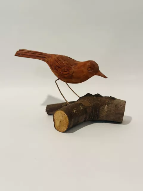 VTG  Hand Carved Wood Red Bird Finch Folk Art Figural Animal Handmade Primitive