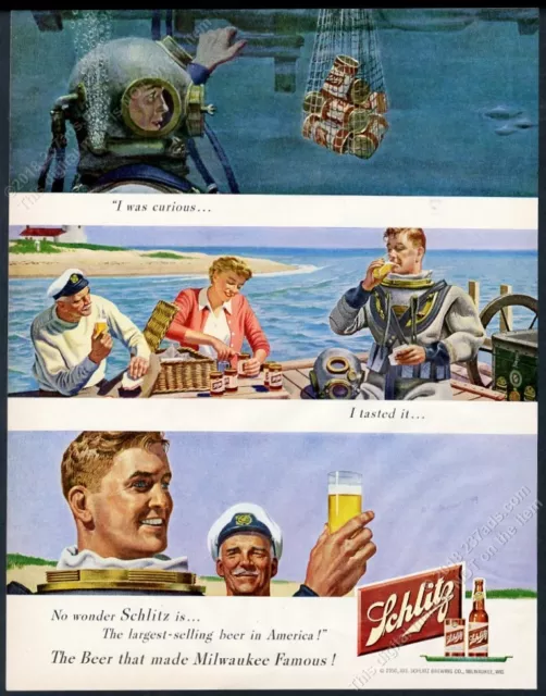 1950 Deep Sea Diving Diver Arte Schlitz Birra Vintage Stampa Ad