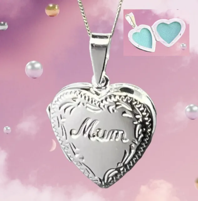 MUM Heart Locket Engraved Front 19mm Wide 925 Sterling Silver 46cm Chain RRP £34