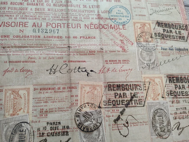 ★Titre provisoire Canal de Panama 1888 nombreux cachet ★