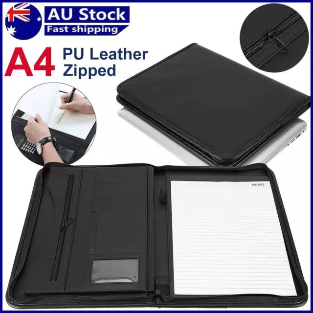 Office A4 PU Leather Zipped Folder Portfolio Business Conference File Organiser