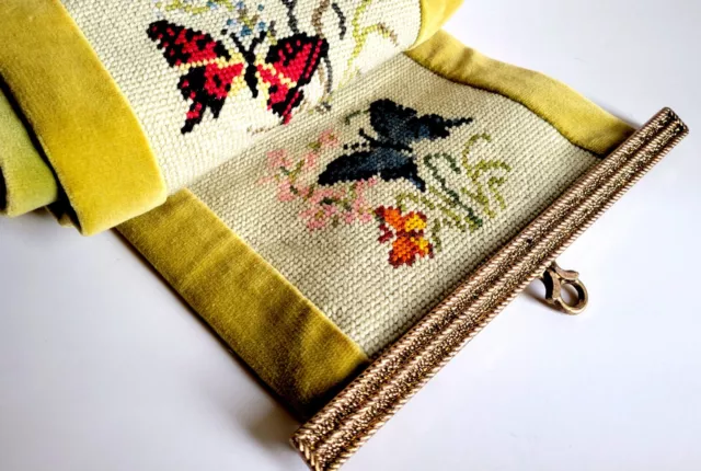 Vintage Needlepoint Bell Pull Victorian Tapestry Butterfly Wall Hang Jacmore End