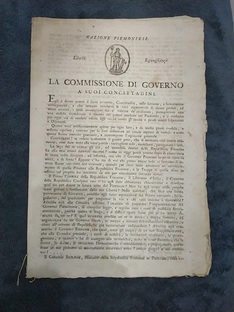 Documento Nazione Piemontese - Proclami Generale JORDAN alla Cittadinanza 1800 Documento Nazione Piemontese - Proclami Generale JORDAN alla Cittadinanza 1800