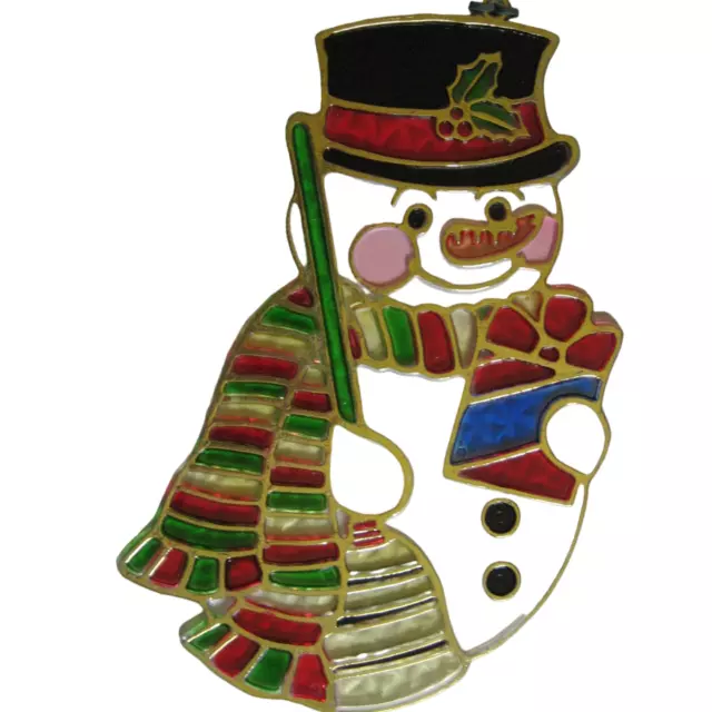 VTG Snowman Suncatcher Christmas Plastic Stained Glass  Scarf Top Hat Broom