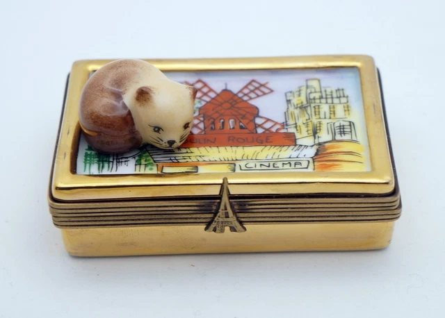 New French Limoges Trinket Box Brown Kitty Cat on Paris Moulin Rouge Cabaret Box