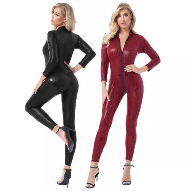 Damen Glänzend Jumpsuit Lackleder Overall Langarm Catsuit Clubwear mit G-string