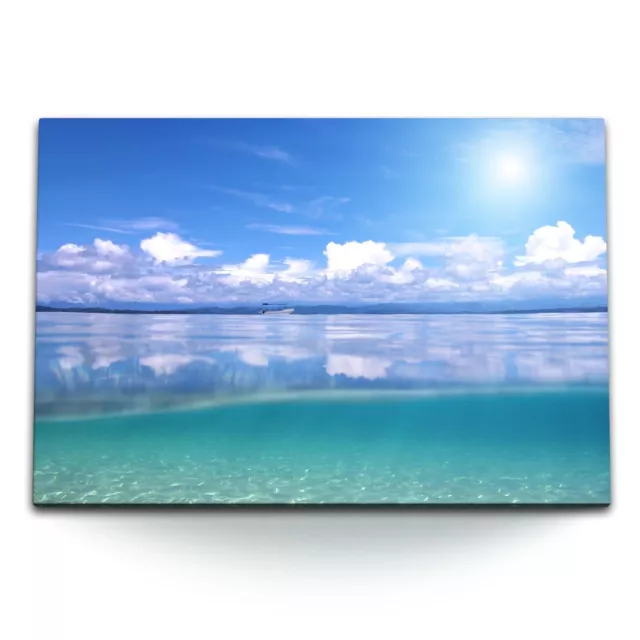 120x80cm Wandbild auf Leinwand Meer Horizont Blau Hellblau weiße Wolken