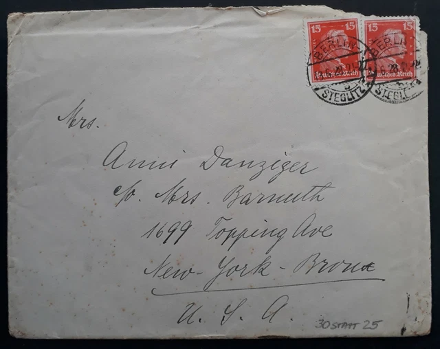 1928 Germany Cover ties 2 x 15 Pfg orange red stamps cancelled Berlin to USA