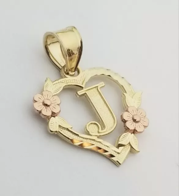 14K Yellow Gold Heart-Flower- Initial Letter A-Z Pendant Flower Charm-with Box 3